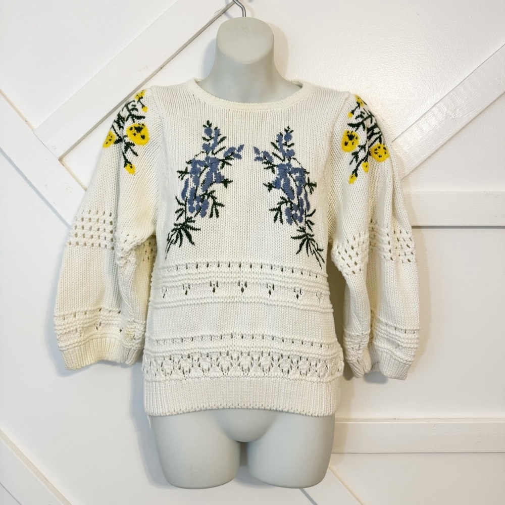Ba&sh Miro Floral Embroidered Crochet Open Back 3/4 Sleeve Sweater Sz M - Picture 4 of 14